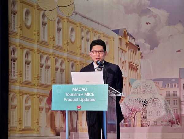 유치영 마카오정부관광청 한국 대표가 5월 29일 포시즌스호텔 서울에서 마카오정부관광청의 주요 전략을 소개하고 있다. [사진=편성희 기자]