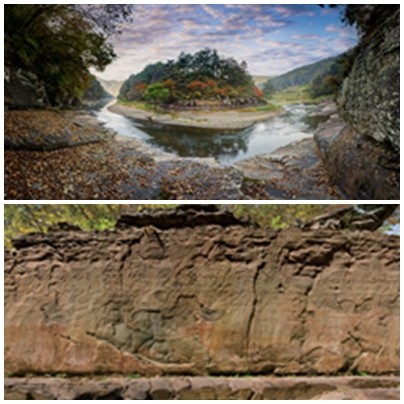 천전리 명문과 암각화 전경(상), 천전리 명문과 암각화 주암면(하) 모습 [사진=울산광역시]