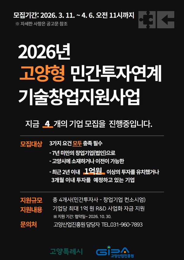 고양산업진흥원, 고양형 TIPS 창업기업 4곳 모집 - 뉴스 썸네일 이미지